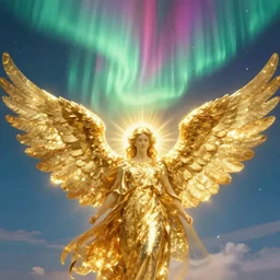 gigantic radiant shining golden angels merging strongly into intense vivid aurora above space needle centered big sky film long exposure fuji wide angle national geographic