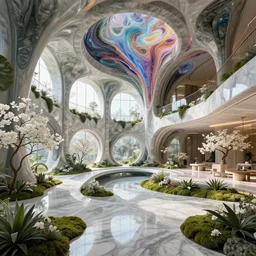 futuristic sharp focus biophilic granite smooth villa interior secret garden, arches, bridges, fluid fractal scifi surreal, magnolia stone nebula fluid colorful architecture landscape, highly detailed, marble, moss, vincent callebaut composition, mamou - mani, white flowers, cinematic morning light, 8 k, unreal engine, uhd
