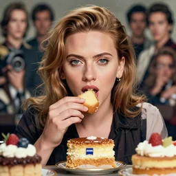 closeup of a tin toy scarlett johansson eating cakes, depth of field, zeiss lens, detailed, symmetrical, centered, fashion photoshoot, by nicoletta ceccoli, mark ryden, lostfish, earl nore, hyung tae, frank frazetta, breathtaking, 8 k resolution, extremely detailed, beautiful, establishing shot, artistic, hyperrealistic, octane render