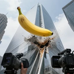news camera footage of a giant banana falling from the sky and smashing through a skyscraper