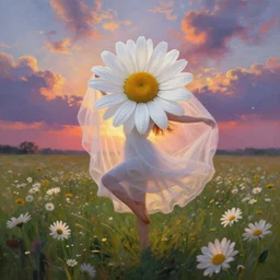 veil giant white daisy flower as face, girl dancing in a flower field, surreal photography, sunrise, dramatic light, impressionist painting, colorful clouds, digital painting, artstation, simon stalenhag