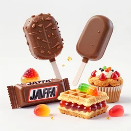 a jello chocolate candy lollipop snickers bar icecream cake muffin jaffa waffle candy gummy jelly sandwich, volumetric lighting, octane render, unreal engine, 8k stroopwaffel