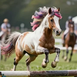 action shot from a distance of 2 0 m of a hybrid my little pony ( appaloosa horse ), professional, high quality, multi colored mane, a horse is at a steeplechase, 4 k, dof, bokeh, action, dramatic lighting, photorealistic, detailed, hq, photorealism, digital art