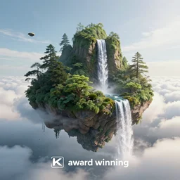 “floating island sitting in the clouds, with a waterfall on the side, 4k image, award winning”