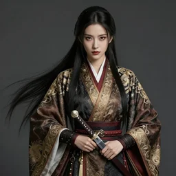 beautiful female assassin with ornate robes and daggers, long shot highly detailed, 4k, HDR, smooth, sharp focus, hyper realistic, high resolution, award-winning photo