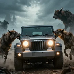 Mahindra thar, headlights turned on, animals attacking, furious action scene, an epic fantasy, dramatic lighting, cinematic, establishing shot, extremely high detail, photorealistic, cinematic lighting, matte painting, artstation, by simon stalenhag, horizon forbideen west