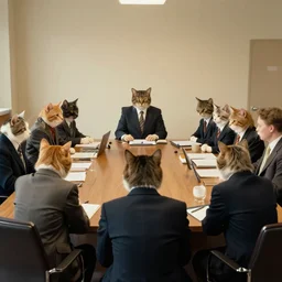 cats in suits from behind on an office meeting by james ensor