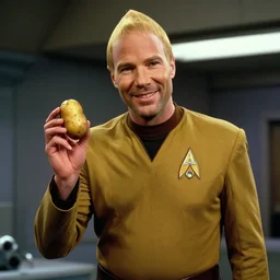 captain picard smiling holding holding a potato in his hand, still from 9 0 s tv - show