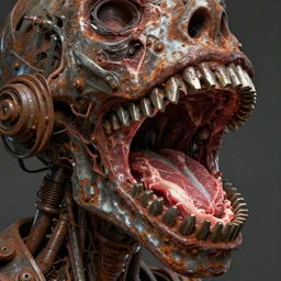 a close up of a machine made of teeth and raw meat and rusted metal, concept art by giger, cgsociety, assemblage, trypophobia, greeble, grotesque, biomechanical open chewing mouth