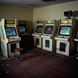 photo of abandoned arcade with classic pattered carpet floor, broken camera, compressed jpeg, damaged webcam image, grainy damaged photo,