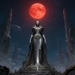 an ancient alien female monument staring into space at a red sun, queen of blades, hyper detailed alien background, by dorian cleavenger, by greg rutkowski, by wlop, by zdzisław beksinsk