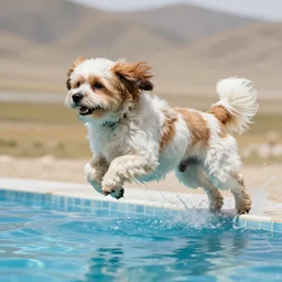 award winning photography tibetan spaniel jumping into a pool, action shot, trending on artstation