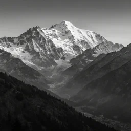 award winning landscape photography of mont blanc by ansel adams and jack brauer, nikon, wide angle, high contrast, cinematic, black and white, layers, dramatic, beautiful light, fine detail