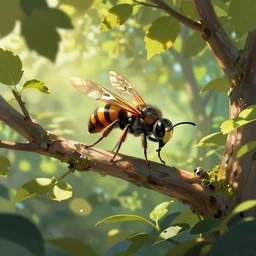 beautiful concept art of a flying hornet insect on a tree branch among many leaves, dappled sunlight, colorful, fantasy, by greg rutkowski, trending on artstation.