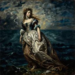 long female dress abandoned on the bottom of the sea, art by caravaggio