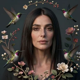 head and shoulder portrait of monica belucci surrounded by hummingbirds and fine floral ornaments, eye - level medium - angle shot, intricate, floral background, by esao andrews, by m. w. kaluta, by yoshita amano, moody evening lightingnatural lighting, smooth, 3 d octane render, depth perception, 4 k,, artstation