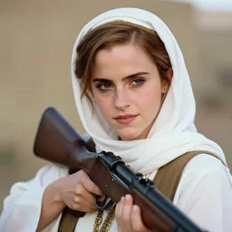 medium format photograph of bedouin emma watson with rifle, close up, ektachrome, hasselblad film shallow focus portrait, soft light photographed on expired color film, annie liebovitz,