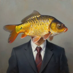 a photorealistic oil painting portrait of a carp fish wearing a suit and tie