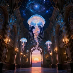 delicate swirling jellyfish artnouveau museum grand hallway interior design, bioluminescent, steampunk artnouveau, constellation nebula ceiling, candlelight, sunset glow, dark shadows, octane render, volumetric lighting, raytracing, symmetrical wide shot low angle