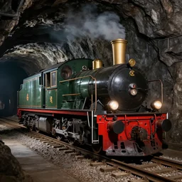 dieselpunk locomotive on railway through deep mine caverns ian mcque beeple noah bradley