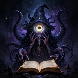 photorealistic gothic witchcraft occult illuminate all seeing eye with tentacles, necronomicon, cosmic, by brom