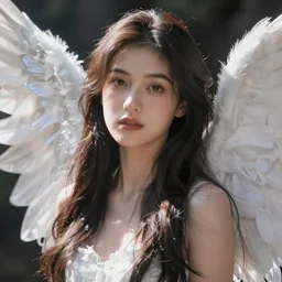 beautiful female angel, Latina, asymmetrical face, ethereal volumetric light, sharp focus