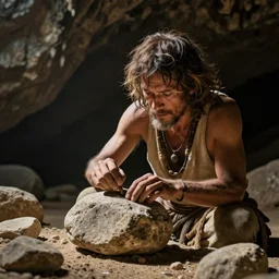 photo of a cave man inventing a rock, stone age, natural lighting, photography composition,