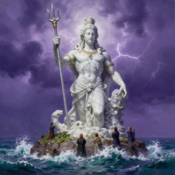 gigantic marble statue of the god of the sea wielding a trident on an island. roiling waves at the base. scene lit by lightning. thunderclouds in the background. fantasy setting. magicians praying to the statue. purples and greens. fantasy aesthetic. extremely detailed. 4 k. painting with curved brush strokes
