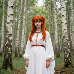 beautiful Asuka Langley from evangelion as a real person dressed as a slavic priestess in holy birch forest in spring, 35mm, iPhone photo, HDR, DSLR, cinematic, trending on Instagram, 8k, 4k