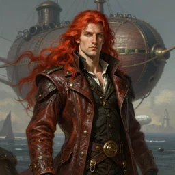 portrait of a rugged!!!! male captain with long red hair!!!!!!, upper body, flowing hair, ethereal, handsome, leather coat, Steampunk airship!!!!!!!, D&D, fantasy, simple clothing!!!!, elegant, highly detailed, digital painting, deviantart, artstation, concept art, sharp focus, illustration, art by Artgerm and Greg Rutkowski and Alphonse Mucha