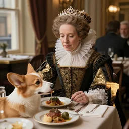 beautiful queen elisabeth the 1 st in a restaurant eating corgis, 4 k