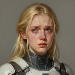 portrait of a crying woman by greg rutkowski, she is about 3 0 years old, slavic, pretty, blond hair with two strans around her face, she is wearing a futuristic space gear, highly detailed portrait, digital painting, artstation, concept art, smooth, sharp foccus ilustration, artstation hq.