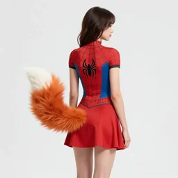back of a young woman in a spiderman dress and a fox tail between her legs , walking the streets of new york