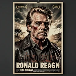 undead ronald reagan zombie, punk rock poster, artwork by mike mignola and frank miller