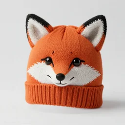 a knitted hat that looks like a fox, very detailed, product photo