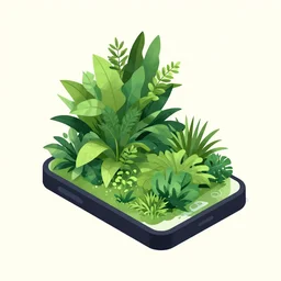 ( ( karolis strautniekas ) ), editorial illustration of an isometric iphone with lush foliage overgrowth, modern art deco, ( ( giuseppe riccobaldi ) ), christopher balaskas, mads berg, detailed, perspective composition, halftone shaded, matte print, rich grainy texture, grainy gradients