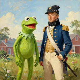 “Painting of Kermit the Frog participating in the Revolutionary War, in the style of Don Troiani”