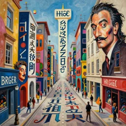 A surreal painting of melting calligraphy city streets in 3 point perspective by hr giger and Vladimir kush by dali by kandinsky, 3d, realistic shading, complimentary colors, neon tint, aesthetically pleasing composition, masterpiece, 4k, 8k, ultra realistic, super realistic,