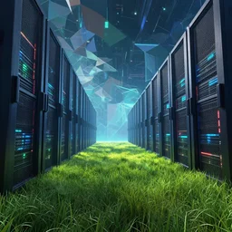 cyberpunk space, beautiful, by jordan grimmer, grass, trending on artstation, hi tech digital interior, art greg rutkowski, high detail, vivid, abstract data center server, concept art, cinematic view, detailed, volumetric, huge scene, business technology, blured polygonal geometric
