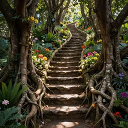 stairway made of roots, trees and flowers