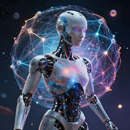 echoed dreams of a cyborg experiencing the quantum field, elevated consciousness, beautiful astrological neural network, matte painting comic book art, realistic, trending on artstation, sharp focus, depth of field, cinematic composition, physics splashes of colors