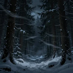 beautiful dark evil forest at night with pine trees and snow, snowing and wind. Digital Matte Illustration by Lisa Frank