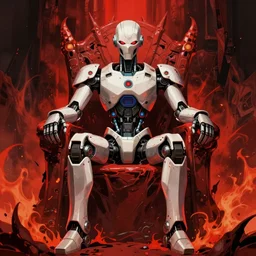 robot 9 0 0 0, prompt god, sitting in a throne in hell, yasushi nirasawa style