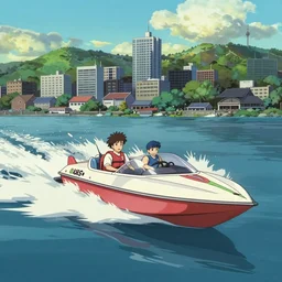 speedboat Axopar 37 going full speed in front of shoreline city in anime cyberpunk style by Hayao Miyazaki