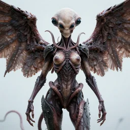 alien woman - wings, organic armor, three eyes, tentacles, realistic