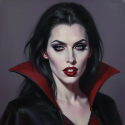 a realistic head and shoulder professional portrait of a female vampire, painted, interesting color use, vampire fashion, highly detailed, melancholy, vampire teeth