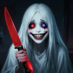 a disturbing picture of a ghost girl smiling horrifyingly at the camera with her eyes turning all sorts of colors and a big red knife in her hand, DALL-E 2
