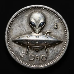 an alien or ufo or astronaut on a big ancient metal coin over a black background