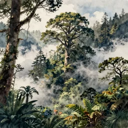 cloud forest, detailed watercolor illustration by tim doyle