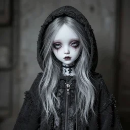 a creepy doll like woman with white - porcelain skin, dressed as a homeless woman